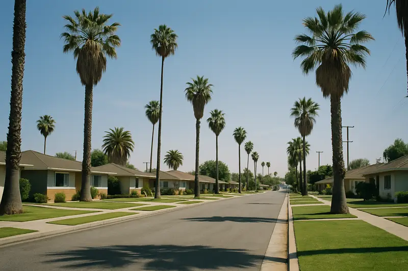 Palm-lined street of 1950s single-story ranch homes in Anaheim