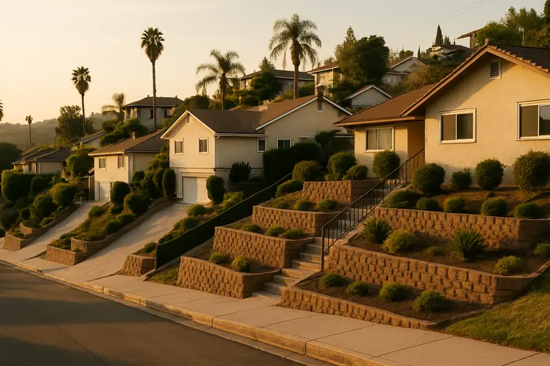 Hillside homes with terraced yards and retaining walls in north Fullerton