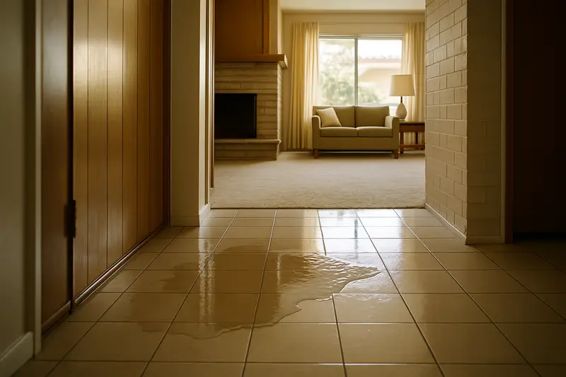 Water spreading across a tiled hallway floor in a ranch home