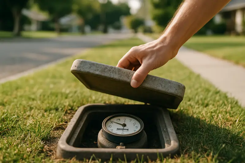 Hand lifting the lid of a residential water meter box in a front lawn