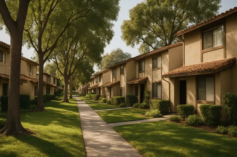 Two-story 1970s townhomes along a tree-lined greenbelt in Irvine