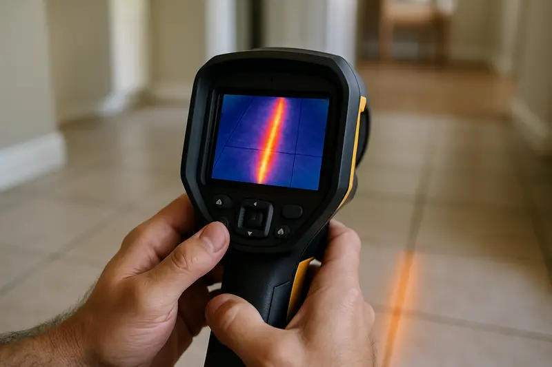 Thermal camera screen showing a warm streak where a hot-water pipe leaks under a tile floor
