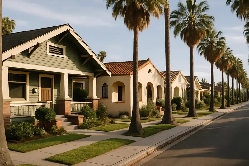 Bungalows on a palm-lined street in Long Beach