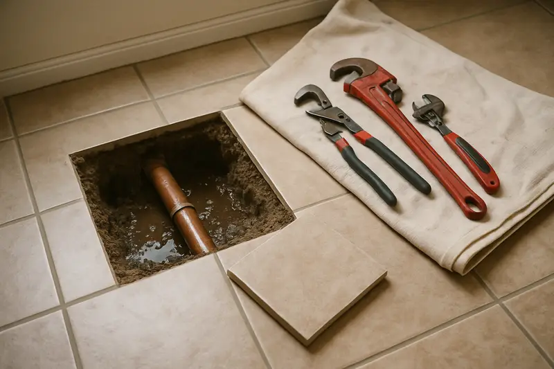 Small square opened in a concrete slab exposing a wet copper water pipe