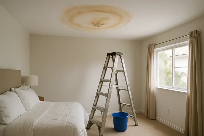 Brown water stain on a bedroom ceiling below an upstairs bathroom