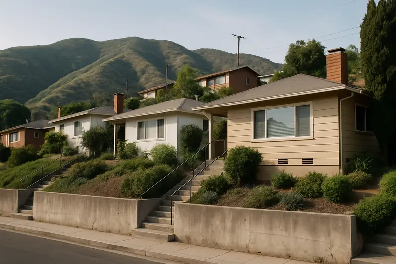 Hillside homes with a retaining wall and stairs below the Puente Hills in Whittier